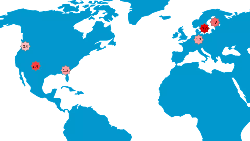 Karta över platser där celiaki är vanligast hos TEDDY barn. Platserna är markerade med en stjärna med varierande färg. Starkast färg högst antal procent celiakidiagnos. Sverige 3 procent, Colorado 2.4 procent, Finland 1.8 procent, Tyskland 1.3 procent, Georgia 1.2 procent och Washington 0.9 procent. Bild.