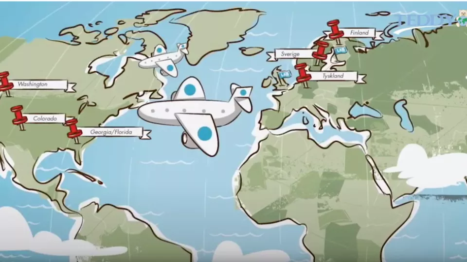 tecknad bild på karta och ett flygplan.