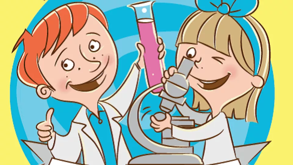 Pojke med laboratorierock och provrör i handen. Flicka med mikroskop. Tecknad bild.