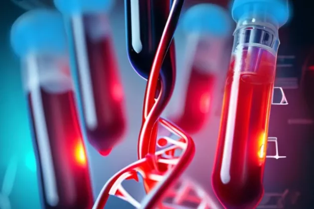 Illustrationsbild med blodrör som skakas och en DNA sträng som kommer från röret. AI genererad bild från Adobe Express.
