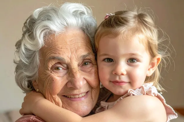 Mormor med gått hår och barnbarn på 4 år som kramar om varandra. AI genererat foto från Pixabay.