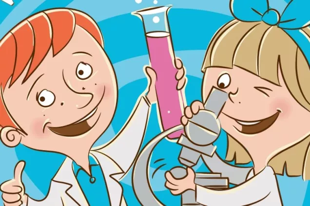 Två barn som forskar med provrör och mikroskåp. Tecknad bild.