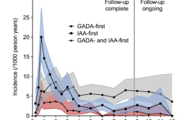 Diagram med ålder på x-axeln och antal fall (1 per 1000 personer per år) på y-axeln. Linjer som visar när autoantikropparna GADA, IAA samt när båda kommer först. Bild.