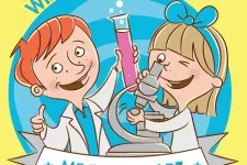 Pojke med laboratorierock och provrör i handen. Flicka med mikroskop. Tecknad bild.