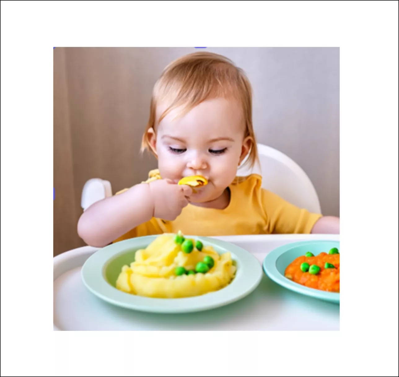 Ett barn som sitter vid ett matbord och smakar på smakportioner av potatis och morötter. AI genererad bild från Adobe Express.