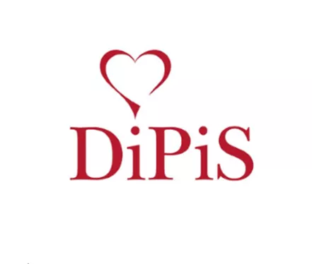 DiPiS-logga. DiPiS i röd text med hjärta över i:et. Logga.