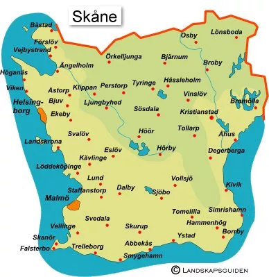 Karta över Skåne. Tecknad.
